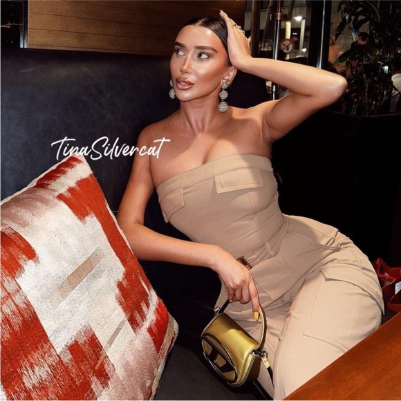 Zara cargo jumpsuit wide leg sleeveless tan belted - Picture 2 of 8